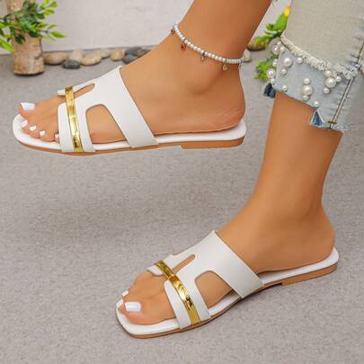 Women's Elegant Square Toe Metal Bar Flat Slide Sandals, Versatile Summer New Casual Beach Slippers