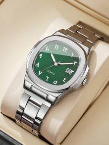 1pc Men's Fashion Minimalist Square Dial Calendar Stainless Steel Quartz Wrist Watch, Business Style (Watch Box Not Included) - Silver - View 11