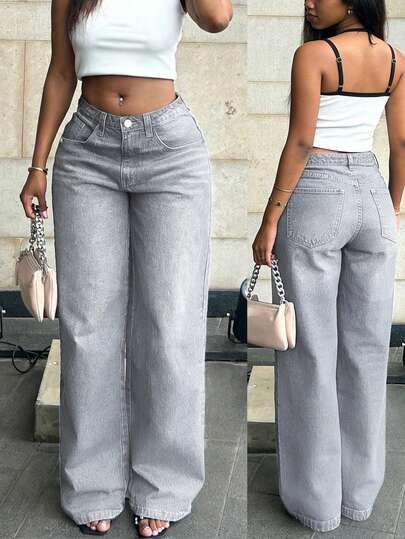 Jeans rectos de pierna recta de estilo casual de vacaciones Y2K de color gris para mujeres, jeans sueltos lavados elegantes y vintage, pantalones rectos de verano 2026