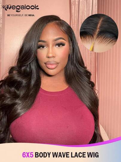 MEGALOOK 6x5 波浪卷蕾丝闭合假发，100%真人发丝，预先拔毛、预先剪裁，蕾丝易于佩戴，即戴即走，无需胶水，适合女性，自然色，无需胶水，新手友好，外观自然，日常佩戴。