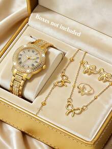 奢华金色石英表、蝴蝶手链、项链、戒指、耳环首饰套装，青少年适用，镶嵌贝壳设计，罗马数字设计，适合日常佩戴、派对、舞会、生日礼物等场合。 - 金色 - 查看 2