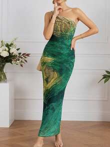 Đầm cocktail midi không tay, xếp ly, cổ lệch, xẻ tà, thanh lịch dành cho nữ, thích hợp cho mùa xuân và tiệc cưới. - màu xanh lá - Xem 6