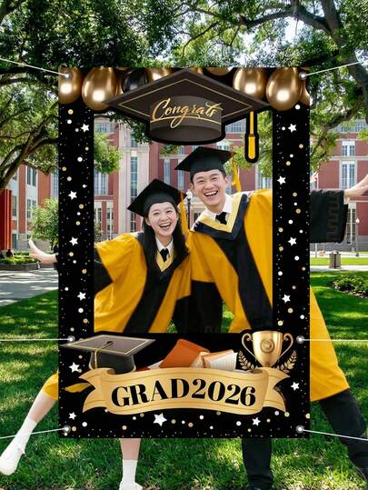 1 pieza Fondo de graduación 2026, diseño de silueta de birrete y borla de graduación, hecho de fibra de poliéster, decoración de fiesta de graduación, ceremonia de graduación, fondo para photobooth, apto para uso en interiores y exteriores