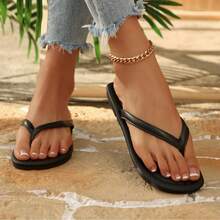 Black Square Toe Flip Flops, Soft Flat Sandals, Minimalist Versatile Women Slippers, Summer Beach Holiday Swimming - Black - View 5