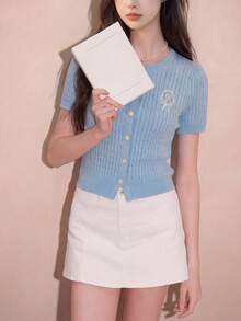 Alicedudu Áo dệt kim tay ngắn cổ tròn kiểu tối giản dành cho nữ, thích hợp cho mùa hè. - Màu xanh nhạt - Xem 3