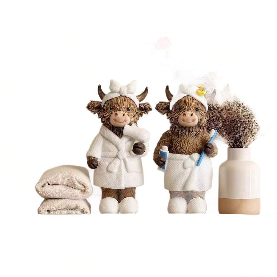 New Cross-Border Cute Highland Cow Resin Figurine, Couple Creative Home Decor, Cream Style Gift