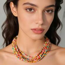 女士波西米亚风多层珍珠项链 - 彩色 - 查看 1