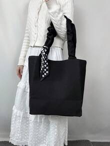 Large Capacity Crinkle Canvas Tote Bag For Women - Black - View 2