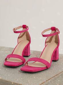 Sandal Hak Tinggi Tebal Ujung Persegi, Desain Tali yang Sederhana, Elegan, dan Canggih, Cocok untuk Aktivitas Sehari-hari, Kerja, dan Pesta, Sandal Hak Tinggi Wanita yang Modis dan Serbaguna, Tersedia dalam Warna Hitam dan Merah, Sepatu Musim Panas - Hot Pink - View 6