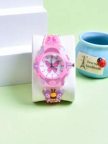 2pcs/Set Gift Cartoon Kids Cute Glowing Butterfly Soft Silicone Strap Pointer Quartz Watch, Creative Pattern For Girl Student - Pink - View 10