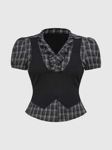 Blusa/camisa de mujer de talla grande con estampado de cuadros vintage y estilo gótico, para el regreso a clases, en color negro para el verano - Negro - Ver 1