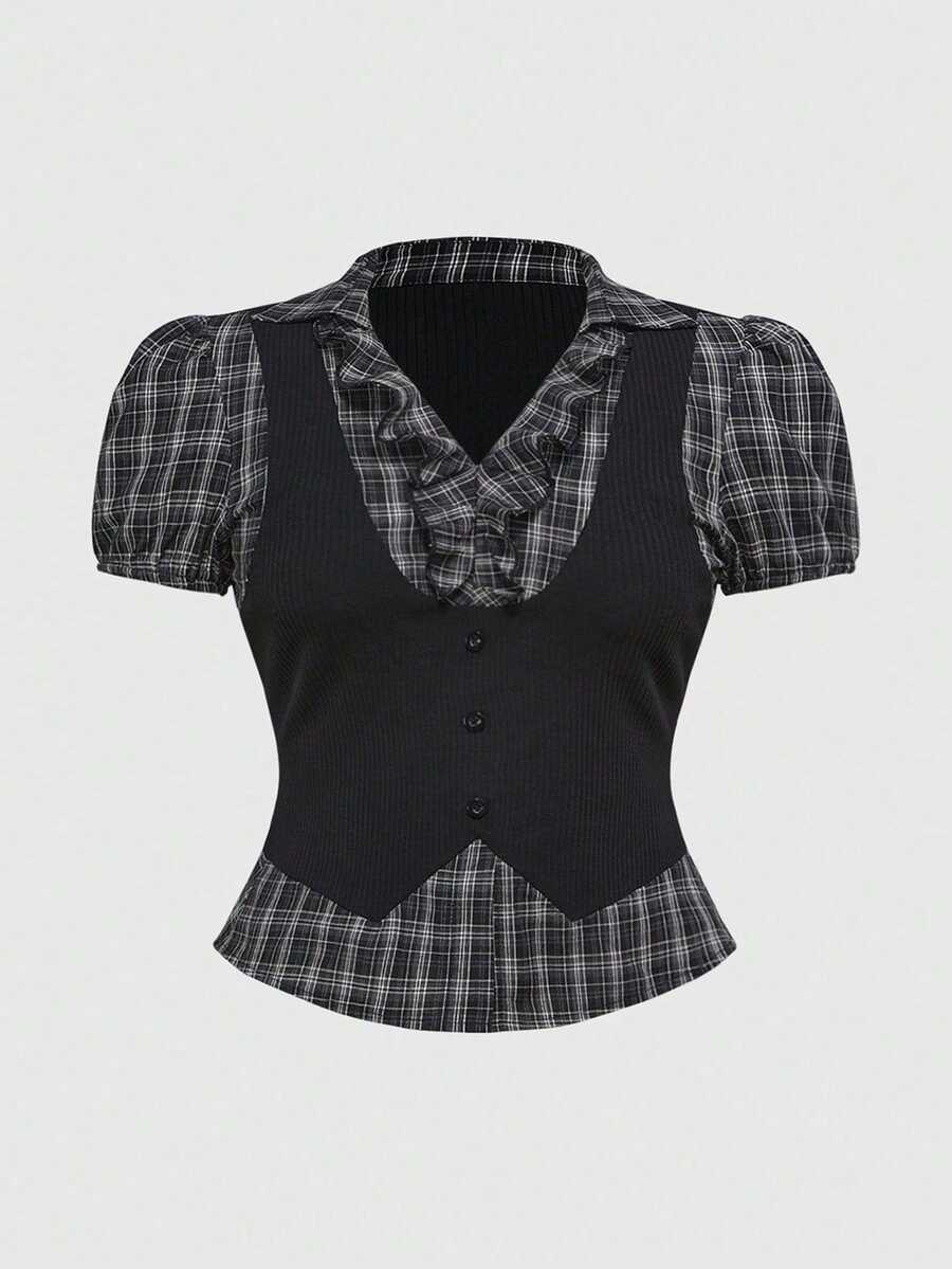 Blusa/camisa de mujer de talla grande con estampado de cuadros vintage y estilo gótico, para el regreso a clases, en color negro para el verano - Negro - Ver 1