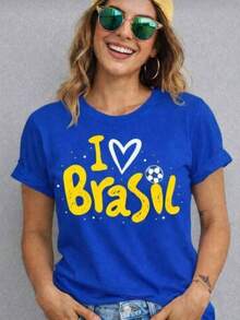 Women's T-Shirt Copa Brasil Women's I Love Brazil Stylish 2026 100% Cotton Short Sleeve Round Neck Summer Style - 藍色 - 查看 2
