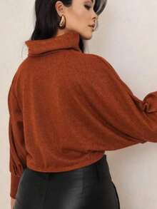 Women's Long-Sleeved Cropped Top With A High Neck In Wool Fabric. - Tile - View 2
