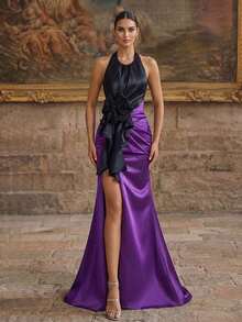 Women's Chic Halter Neck Mermaid Evening Dress Black And Purple Long Sleeveless Formal Gown With Bow Accent - Purple - View 7