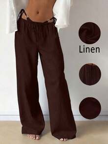 Pantalones anchos de lino sueltos, cómodos y versátiles para mujer, ideales para primavera - Marrón - Ver 2