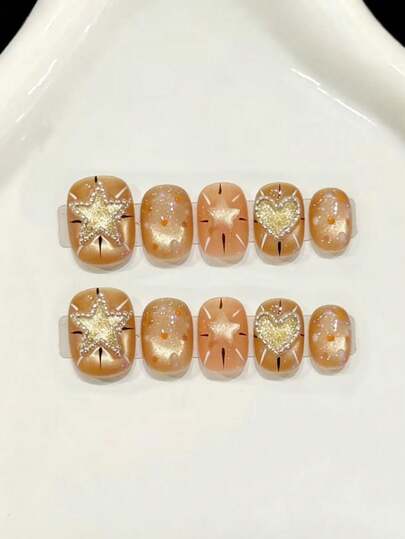 10PCS Short Oval Handmade Press On Nails For Party And Daily Wear ,Champagne Color Nails, Cute Love ,Sun Star,Oval Nails, Shiny And Dazzling,Easy To Wear 10pcs Y2K Handmade Press On Nails,Summer Nails,Suitable For Girls And Women Festivals Parties And Daily Wear.Suitable For Summer.