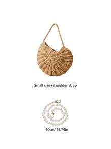 Crochet Shell Straw Bag With Pearl Chain, Bohemian Woven Crescent Handbag, Detachable Faux Pearl Strap Beach Bag For Summer, Ideal For Vacation, Wedding & Daily Outfits, Suitable For Women, Brides & Fashion Enthusiasts, Perfect For Spring Break, Beach Trips & Gifting, Versatile As Shoulder Bag, Clutch & Bridal Accessory - Multicolor - View 12