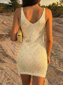 Damen Sommer Strandurlaub Aprikose Minimalistisch Täglich Glänzend Plissiert Spaghettiträger Häkel Cover-Up Kleid, Urlaubskleid, Paillettenkleid - Aprikosenfarben - Übersicht 5