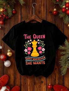 Camiseta con estampado de ajedrez de la reina. Tejido de calidad, cuello redondo, corte holgado, cómoda, estilo urbano hip-hop. ?Novedad! - Negro - Ver 2