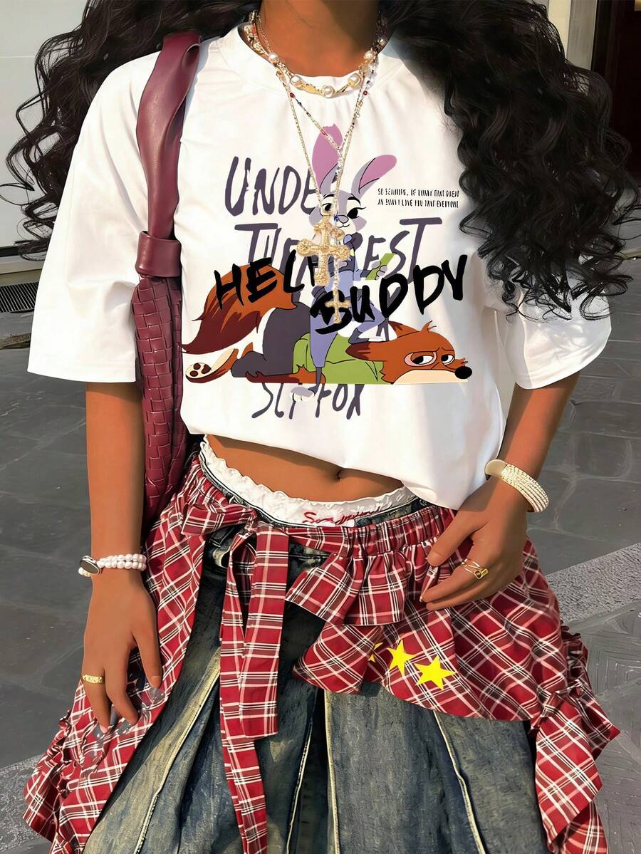 Disney Y2K Style  Judy & Nick Streetwear Short Sleeve T-Shirt- Same For Both Men And Women - 白色 - 查看 1