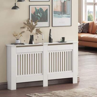 Radiator Cover White Modern MDF Vertical Slats Wooden Top Cabinet For Living Room Bedroom Hallway, Large