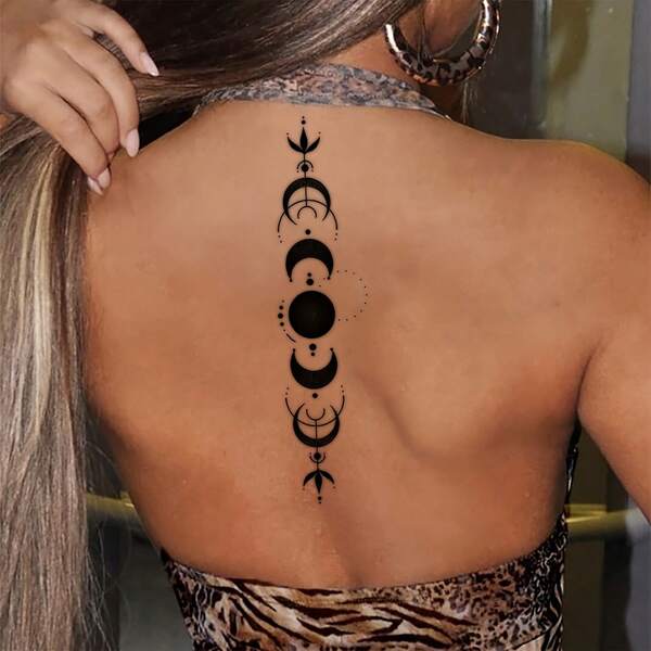 1 pieza Tatuaje temporal de estilo misterioso y fresco de color negro con diseño de media luna y tótem, de forma rectangular, que dura de 1 a 3 días, decoración de piel de moda | Tótem decorativo | Tatuaje de flor negra para uñas