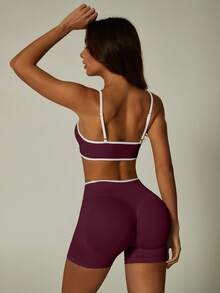 UONNOU 女士春夏运动套装（两件套） - 撞色滚边细肩带运动文胸和高腰提臀短裤，适合瑜伽、健身、跑步、日常锻炼 - 紫色 - 查看 1