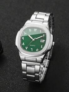 1pc Men's Fashion Minimalist Square Dial Calendar Stainless Steel Quartz Wrist Watch, Business Style (Watch Box Not Included) - Silver - View 8