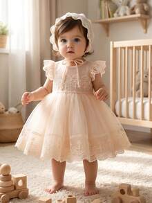 女婴香槟色洗礼服，蕾丝刺绣优雅薄纱派对礼服，飘逸袖子，可爱蝴蝶结公主裙，适合女孩生日派对、婚礼、舞会、节日庆典等场合。 - 香檳色 - 查看 2