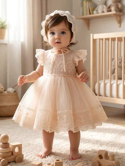 Baby Girl Champagne Christening Dress, Lace Embroidery Elegant Sheer Party Dress With Fluttering Sleeves, Cute Bow Tie Princess Gown, Suitable For Girl's Birthday Party, Wedding, Prom, Holiday Celebration