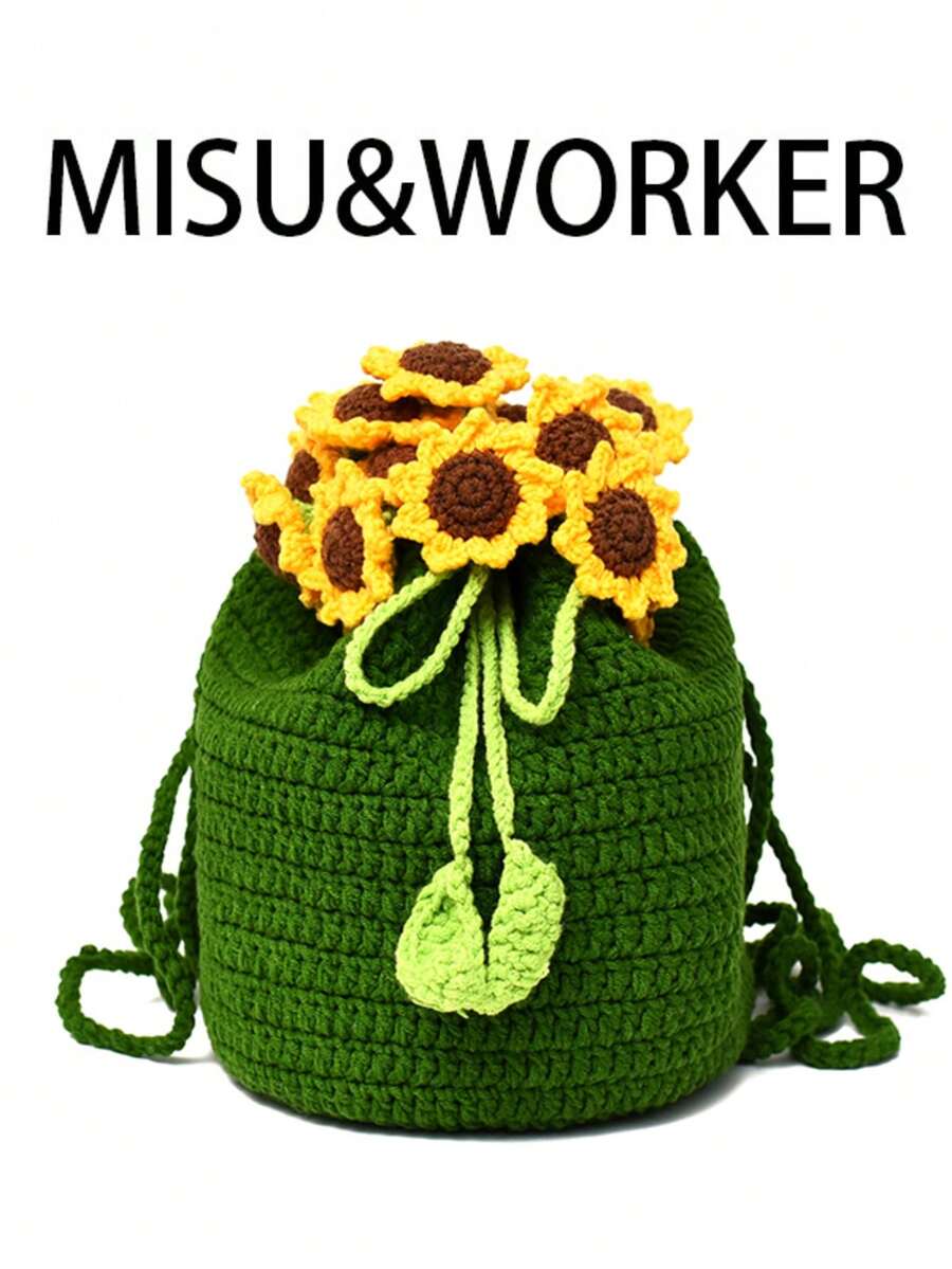 Mochila de girasol hecha a mano a ganchillo, bolso de hombro casual de moda, bolso escolar para estudiantes - Verde - Ver 1