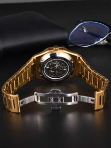 LONGLUX 1 chiếc đồng hồ đeo tay cơ tự động dành cho nam, mặt bát giác đính đá, dây thép khóa bướm kiểu dáng công sở, thích hợp đeo hàng ngày. - Vàng - Xem 4