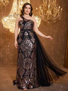 SUPGIR [Random Print] Plus Women's One-Shoulder Sequin Patchwork Mesh Fabric Slim-Fitting Floating Piece Temperament Evening Dress - Black - View 3