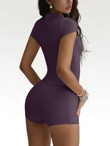 FWH Essential 2 Pieces Set, High-Waisted Tummy Control Shorts + Round Neck Top, Shaping Shorts With Hidden Pockets + Slim Fit T-Shirt Summer - Purple - View 2