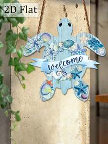 1 pièce Panneau en bois imprimé 2D plat, pour décoration murale extérieure, taille 9 pouces x 9 pouces. Il présente un design de tortue de mer avec le texte "Bienvenue" - Multicolore - Voir 1