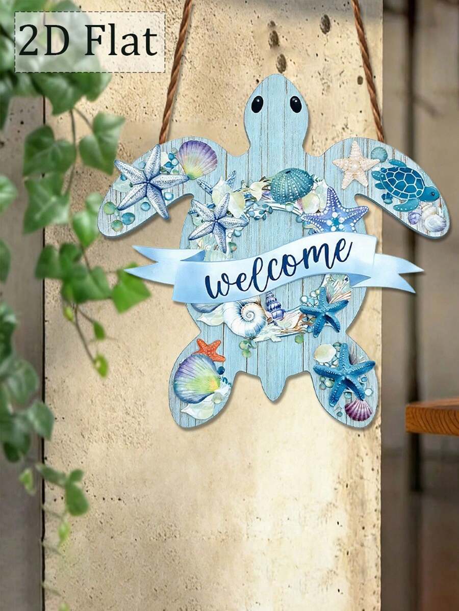 1 pièce Panneau en bois imprimé 2D plat, pour décoration murale extérieure, taille 9 pouces x 9 pouces. Il présente un design de tortue de mer avec le texte "Bienvenue" - Multicolore - Voir 1