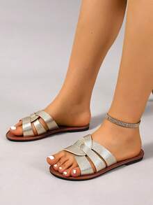 Ximi Ruo Wide Fit Rhinestone Embellished Comfortable Slippers, Korean Casual Flat Sandals For Women, Open Toe Slides For Spring, Summer, Beach, Casual Wear - Gold - View 4