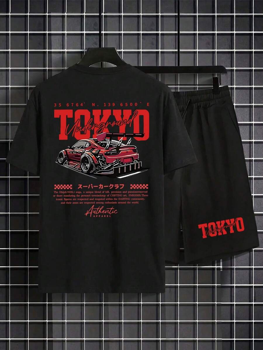 SU ER Men's Printed Round Neck Short Sleeve T-Shirt And Drawstring Shorts Casual Set - Black - View 1