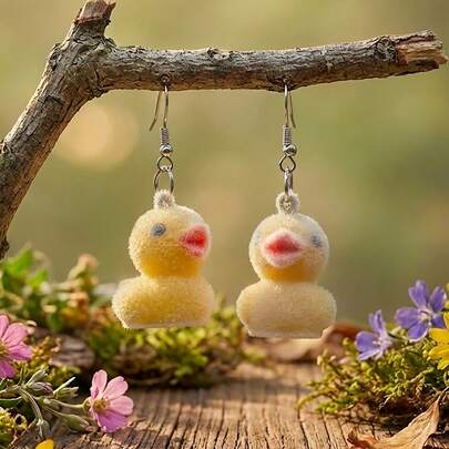 1 Pair Women's Elegant Earrings, Cute Cartoon Duck 3D Resin Flocked Earrings, Suitable For Daily, Party, Gift, Holiday And Any Occasion