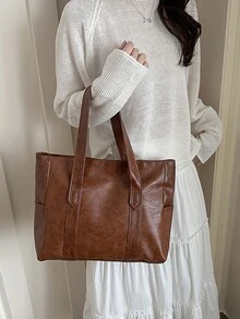 简约大容量女士单肩手提包，通勤包 - 棕色 - 查看 5
