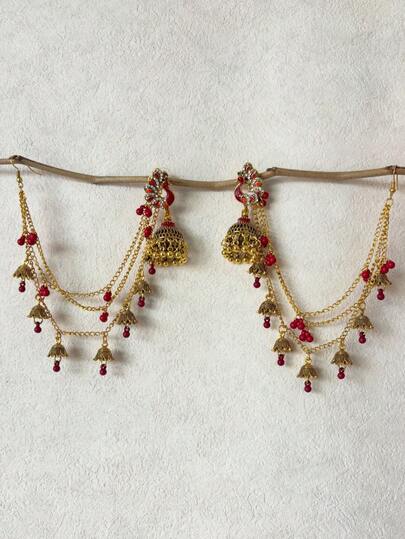 Fashionable Peacock Earring Suit, Bollywood Style Rhinestone Wing & Bells Pendant Earrings, Detachable Beads Tassel Ear Chain, Bridal Jewelry Accessories, Suitable For Women's Wedding, Party, Daily And Festival Wear