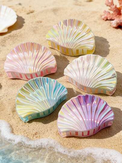5PCS Holographic Shell Hair Claw Clips, Iridescent Seashell Shaped Hair Clamps, Gradient Color Non-Slip Hair Accessories For Women And Girls, Beach Vacation Hair Styling Tools