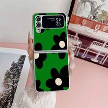 Green Background Black Flower Folding Phone Case With Chain, Suitable For Samsung Galaxy Z Flip3 5G/Galaxy Z Flip 4 5G/Galaxy Z Flip 5 5G/Galaxy Z Flip 6 5G/Galaxy Z Flip 7 5G, Cartoon Cute Folding Protective Case - Multicolor - View 6