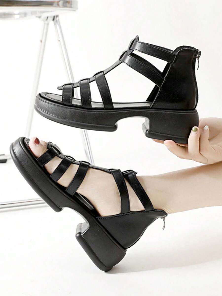 Sandal đế xuồng cao gót, đế dày, thoáng khí, kiểu dáng La Mã, mẫu mới mùa hè 2026, đa năng, chống thấm nước. - màu đen - Xem 1