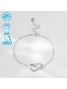 1pc Elegant Butterfly Heart-Shaped 925 Sterling Silver Women's Bracelet, Fashion Design With Zirconia Stones, Suitable For Weddings, Vacations, Daily Wear And Holiday Gifts - Silver - View 6