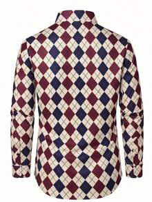 Camisa de manga larga casual con patrón de diamantes para hombres - Multicolor - Ver 3