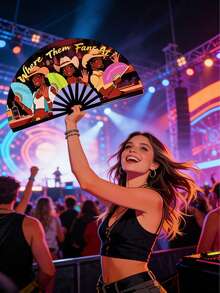 1pc Premium "Where My Fans At" Denim Carnival Party Fan, Large Foldable Hand Fan With Western Cowboy & Bar Scene Pattern, Durable Plastic Frame, Suitable For Music Festivals, Nightclubs, Carnivals - Multicolor - View 3