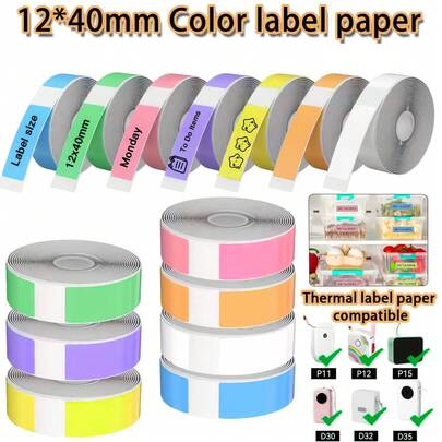 12 mm x 40 mm Renkli Etiket Kağıdı Ruloları | Ev, Ofis, Okul İçin Isıl Laminasyonlu Yedek Etiketler | D30/D32/P35/P11/P12/P15/Hp4/Hp1 Etiket Yazıcılarıyla Uyumlu