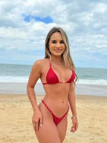 Jade Bikini With Pearls, Luxury Beach Set For Women, Summer, Bathing, And Sea - Red - View 2